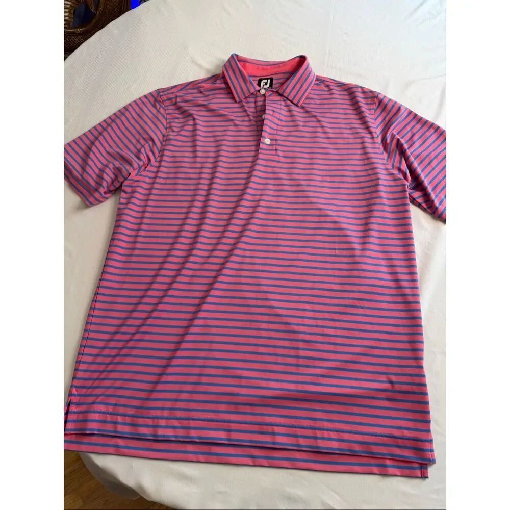 FootJoy Pink Blue Stripe Golf Performance Stretch Short Sleeve Polo Shirt Sz XL